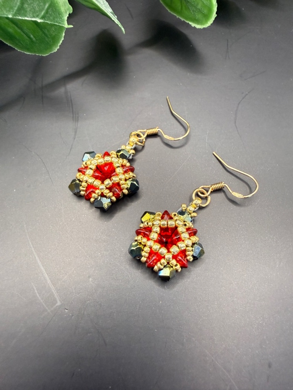 Gold and Red Beaded Dangle Earrings